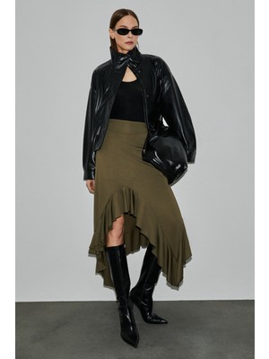 Grimelange Adobre Kadın Esnek Kumaşlı Asimetrik Kesimli Haki Etek