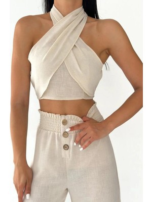 Qutta Kadın Boyundan Bağlamalı Keten Crop Bluz