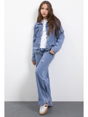 Cansın Mini Mavi Kalp Desenli Düğmeli Ceketli Pantolonlu Kız Çocuk Jean Takım 23475