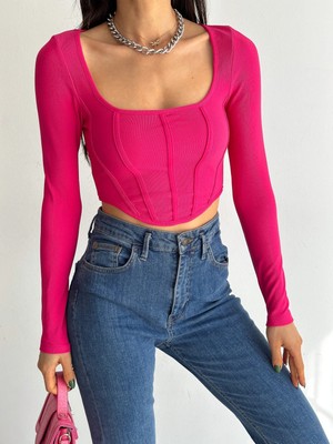 Qutta Kadın Kare Yaka Uzun Kol Korse Görünümlü Biyeli Fitilli Crop Bluz