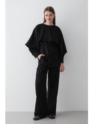 Jaste Kadın Pelerin Detaylı Bağcıklı Tunik & Beli Lastikli Pantolon Alt&Üst Takım SİYAH