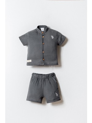 U.S. Polo Assn Erkek Bebek  2 li Şort Gömlek Takım Koyu Gri