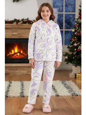 Aydoğan Kız Çocuk Kadife Polar Ayıcık Desen Pijama Takımı 240525 EKRU02