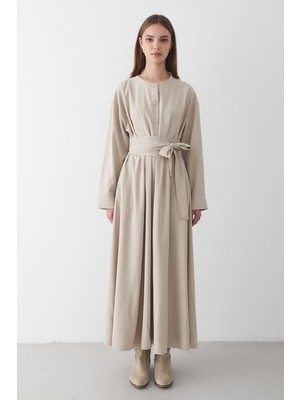 Jaste Kadın Belden Bağlamalı Düğmeli Maxi Elbise BEJ