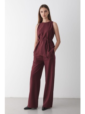 Jaste Kadın Bisiklet Yaka Kuşak Detaylı Bluz& Beli Lastikli Pantolon Alt&Üst Takım BORDO