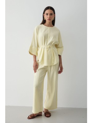 Jaste Kadın Keten Oversize Üst Bluz & Lastikli Bol Paça Pantolon Alt & Üst Takım SARI