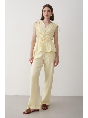 Jaste Kadın Omuz Bel Büzgülü Bluz & Beli Lastikli Pantolon Keten Takım SARI