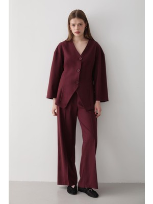 Jaste Kadın V Yaka Düğmeli Ceket & Beli Lastikli Pantolon Alt & Üst Takım BORDO