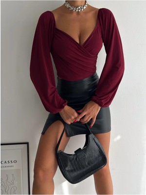 Qutta Kadın Uzun Balon Kol Ön Çapraz Büzgülü Sandy Kumaş Crop Bluz