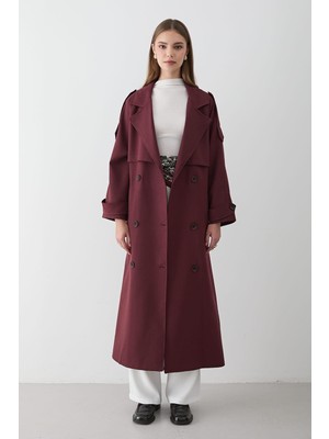 Jaste Kadın Kruvaze Yaka Kuşaklı Uzun Trençkot BORDO