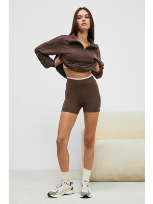 Urban Beat Doshorıx Kadın Esnek ve Yumuşak Dokulu Kontrast Biyeli Kısa Koyu Kahverengi Tayt