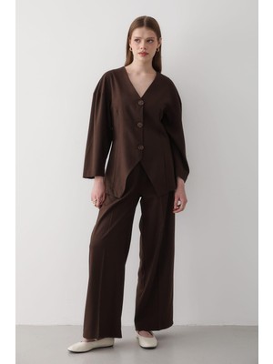 Jaste Kadın V Yaka Düğmeli Ceket & Beli Lastikli Pantolon Alt & Üst Takım ACI KAHVERENGİ