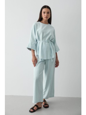 Jaste Kadın Keten Oversize Üst Bluz & Lastikli Bol Paça Pantolon Alt & Üst Takım MAVİ