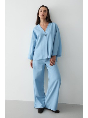 Jaste Kadın Düğmeli V Yaka Kimono & Beli Lastikli Pantolon Keten Alt & Üst Takım MAVİ