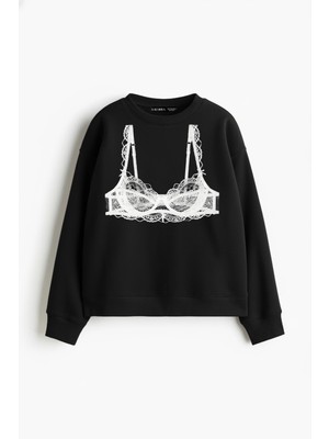 Sokak Butik Black Bra Baskılı Kapüşonsuz Relaxed Fit Kadın Siyah Sweatshirt
