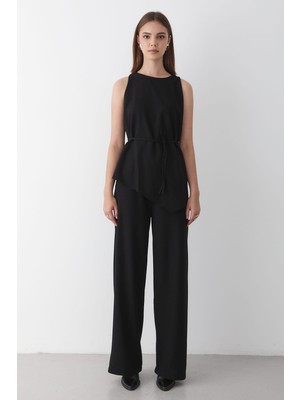 Jaste Kadın Bisiklet Yaka Kuşak Detaylı Bluz& Beli Lastikli Pantolon Alt&Üst Takım SİYAH