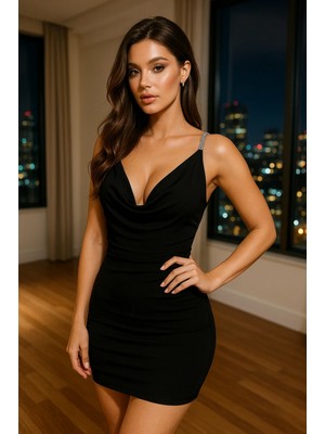 Marsilyan Drapeli V Yaka Mini Elbise