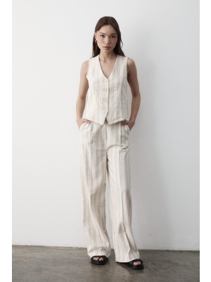 Jaste Kadın Bej Çizgili Yelek Cepli Bol Paça Pantolon Alt & Üst Takım