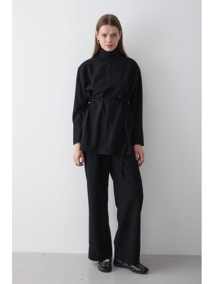 Jaste Kadın Dik Yaka Kuşaklı Tunik & Düğme Detaylı Beli Lastikli Pantolon Alt&Üst Takım SİYAH