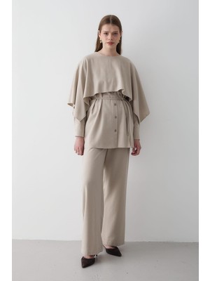 Jaste Kadın Pelerin Detaylı Bağcıklı Tunik & Beli Lastikli Pantolon Alt&Üst Takım BEJ