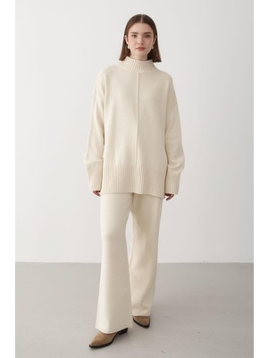 Jaste Kadın Oversize Balıkçı Yaka Triko Kazak & Beli Lastikli Pantolon Alt&Üst Takım TAŞ