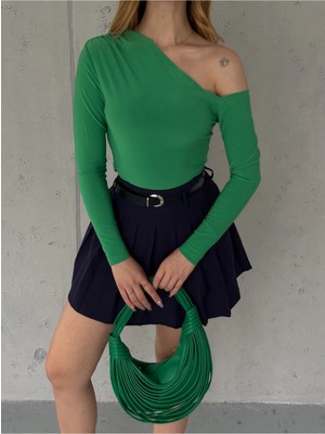 Qutta Kadın Tek Omuz Açık Uzun Kol Sandy Kumaş Örme Bluz