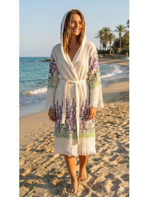 Tekstilize Lavanta Desenli Müslin Bornoz Yumuşak, Hafif ve Nefes Alan Dokuma (%100 Pamuklu)