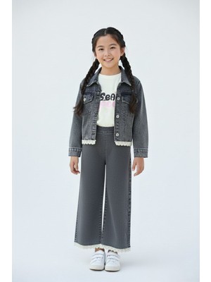 Cansın Mini Siyah Dantel Detaylı Jean Ceketli ve Pantolonlu Kız Çocuk 3lü Takım 23498