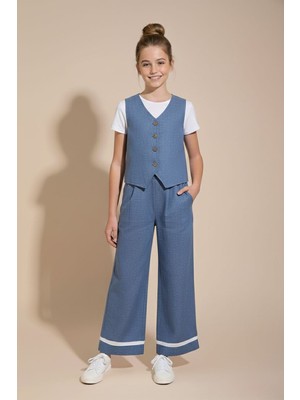 Cansın Mini Indigo Düğmeli Keten Yelekli Geniş Paça Pantolonlu Kız Çocuk Takım 23492