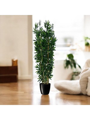 Erhan Flowers 150 cm Yapay Bambu Agacı Yogun Yaprak Islak Doku Siyah Plastik Saksı
