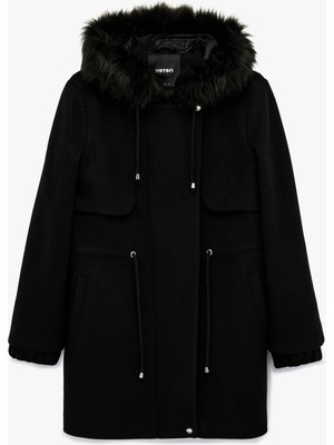 Koton Uzun Kollu Beli Bağcıklı Fermuarlı Suni Kürklü Kapüşonlu Kaşe Kaban