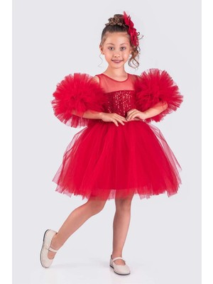 Vestitino Kız Çocuk Abiye Elbise Ponpon Kol Pul Payetli Tütülü Kısa Kol ile Özel Günler İçin Tasarlandı