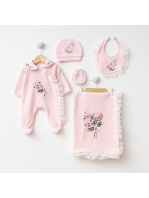 Eda Baby Ortanca Çiçekli Kadife %100 Pamuklu Yenidoğan Organik Hastane Çıkış Seti Kız Bebek