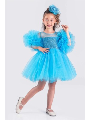 Vestitino Ponpon Kol Pul Payetli Tütülü Kız Çocuk Abiye Elbise Düğün ve Parti İçin Uygun