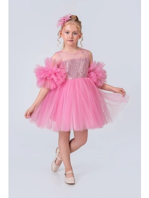 Vestitino Kız Çocuk Abiye Elbise Ponpon Kol Pul Payetli Tütülü