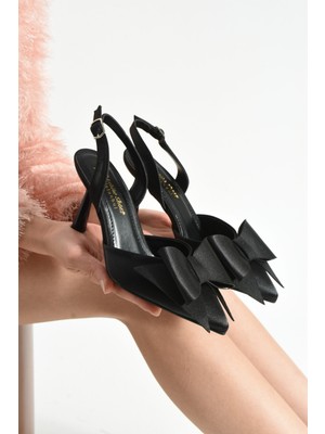 Dabab Shoes Ramıe Siyah Kadın 7 cm Topuklu Fiyonklu Bantlı Önü Kapalı Sivri Burunlu Saten Abiye Ayakkabı