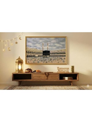 BELIEVE KABE UMRE HAC ZİYARETİ JAKARLI DOKUMA  GOBLEN DEKORATİF ÇERÇEVESİZ PANO TABLO 70*115