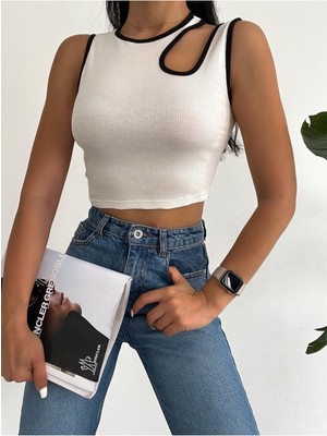 Qutta Kadın Damla Dekolteli Biyeli Kaşkorse Kadın Crop Bluz