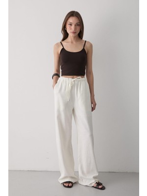 Jaste Kadın Beli Lastikli Bol Paça Palazzo Keten Pantolon