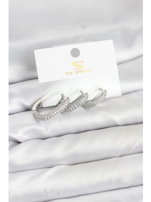 Mustran Pirinç Gümüş Renk Zirkon Taşlı Halka Model YSX Trio Küpe Seti