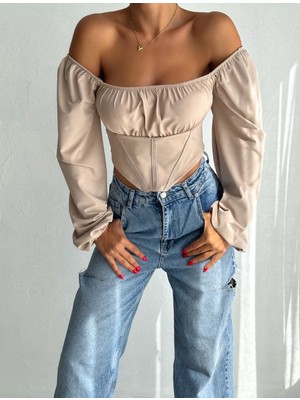 Qutta Kadın Balon Kol Madonna Yaka Korse Görünümlü Önü Biyeli Dalgıç Kumaş Uzun Kol Crop Bluz