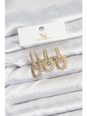 Mustran Pirinç Gold Renk Zirkon Taşlı Vintage Model YSX Trio Küpe Seti