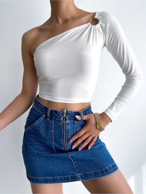 Qutta Kadın Tek Kol Halka Detaylı Sandy Kumaş Bluz