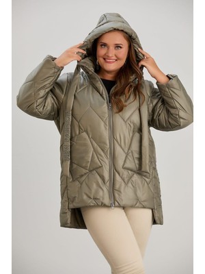 Rmg Büyük Beden Kapüşonlu Kapitone Şişme Mont Haki1