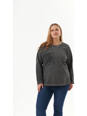 Rmg Büyük Beden Cep Detay Parça Boya Sweatshirt Füme1