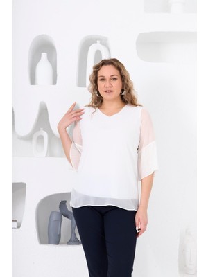 Rmg Kolları Piliseli Büyük Beden Beyaz Bluz1