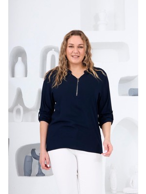 Rmg Yaka Fermuar Detaylı Büyük Beden Lacivert Bluz1