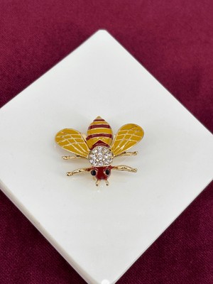 Sarı ve Kırmızı Renkli Gümüş Taşlı Arı Figürlü Gold Broş