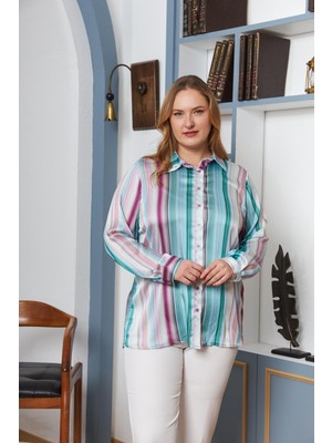 Rmg Çizgi Desenli Büyük Beden Saten Gömlek Lila1