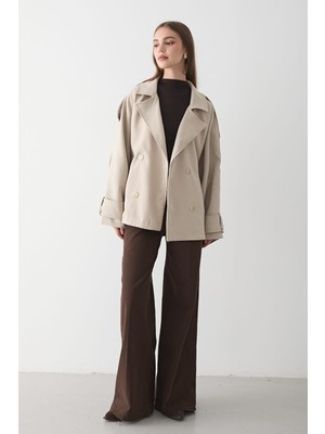 Jaste  Kadın Oversize Kruvaze Yaka Kısa Trençkot BEJ